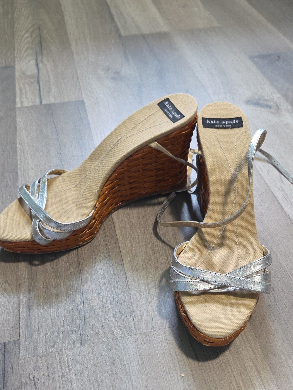 kate spade Metallic Silver Leather Woven Wedge Sandals *as Is*